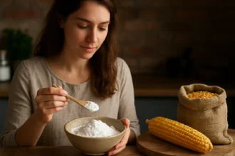 Žena drži kukuričný škrob v miske a lyžicu.