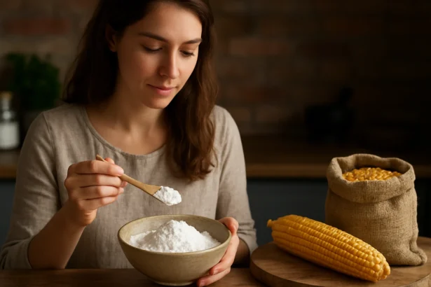Žena drži kukuričný škrob v miske a lyžicu.
