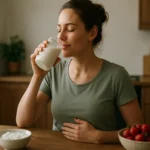 Žena užívajúca si kyslé mlieko pre zdravé trávenie