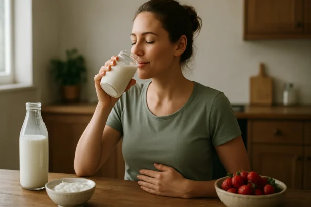 Žena užívajúca si kyslé mlieko pre zdravé trávenie