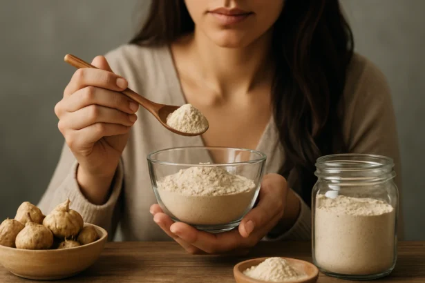 Maca prášok v sklenenej miske a žena s lyžicou