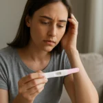 Žena kontroluje výsledky tehotenského testu