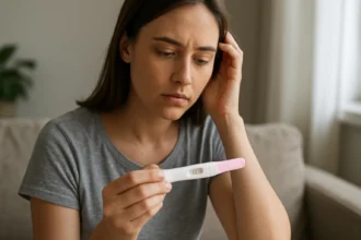 Žena kontroluje výsledky tehotenského testu