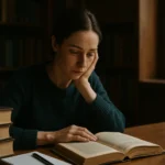 Žena číta knihu v knižnici, zamyslená nad jazykovou reformou.