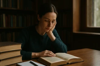 Žena číta knihu v knižnici, zamyslená nad jazykovou reformou.