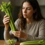 Žena skúma zelerové stonky ako súčasť zdravej výživy.