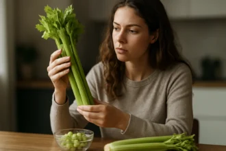 Žena skúma zelerové stonky ako súčasť zdravej výživy.