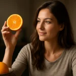 Žena drži plátok pomaranča, objavuje jeho chuť a prínosy.