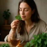 Žena užívajúca si vôňu čerstvej medovky lekárskej pri šálke čaju