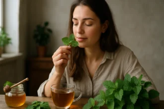 Žena užívajúca si vôňu čerstvej medovky lekárskej pri šálke čaju