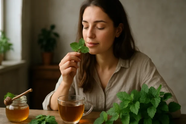 Žena užívajúca si vôňu čerstvej medovky lekárskej pri šálke čaju