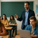 Učiteľ prezentuje moderné vyučovanie v triede so študentmi