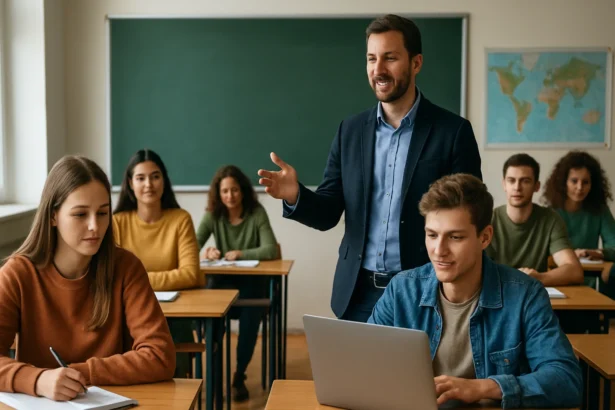 Učiteľ prezentuje moderné vyučovanie v triede so študentmi