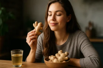 Žena si vychutnáva čerstvý zázvor pri šálke čaju.