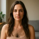 Žena s prirodzeným ochlpením a sebavedomým výrazom tváre.