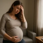 Tehotná žena s úzkosťou, premýšľa o zmene svojho tela a mysle.