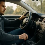 Muž riadi vozidlo a sústreďuje sa na brzdenie.