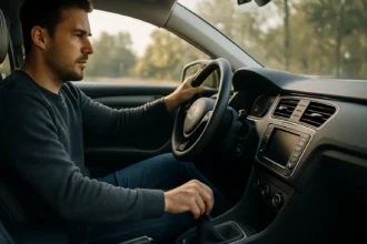 Muž riadi vozidlo a sústreďuje sa na brzdenie.