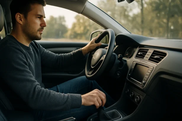 Muž riadi vozidlo a sústreďuje sa na brzdenie.