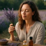 Žena v lavandinovom poli cíti arómu levandule a využíva jej liečivé vlastnosti.