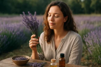 Žena v lavandinovom poli cíti arómu levandule a využíva jej liečivé vlastnosti.