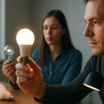 Dospelí skúmajú LED lampu v interiéru s rôznymi typmi osvetlenia.