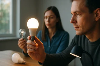 Dospelí skúmajú LED lampu v interiéru s rôznymi typmi osvetlenia.