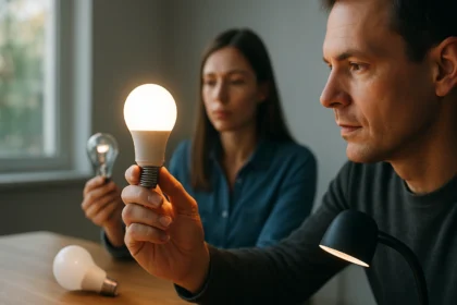 Dospelí skúmajú LED lampu v interiéru s rôznymi typmi osvetlenia.