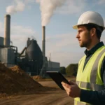 Pracovník s tabletom v biomasa elektrárni s dymiacimi komínmi.