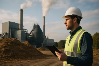 Pracovník s tabletom v biomasa elektrárni s dymiacimi komínmi.