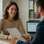 Mladá žena sa usmieva a konzultuje so zástupcom zdravotnej poisťovne.