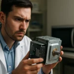 Muž v bielom plášti skúma magnetrón a elektromagnetické žiarenie.