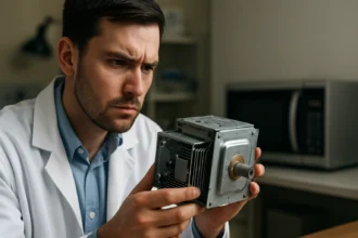 Muž v bielom plášti skúma magnetrón a elektromagnetické žiarenie.