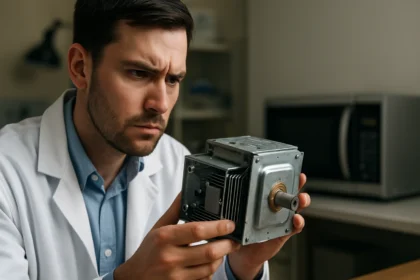 Muž v bielom plášti skúma magnetrón a elektromagnetické žiarenie.