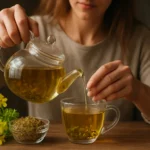 Žena pripravuje čaj z lastovičníka na drevenom stole.