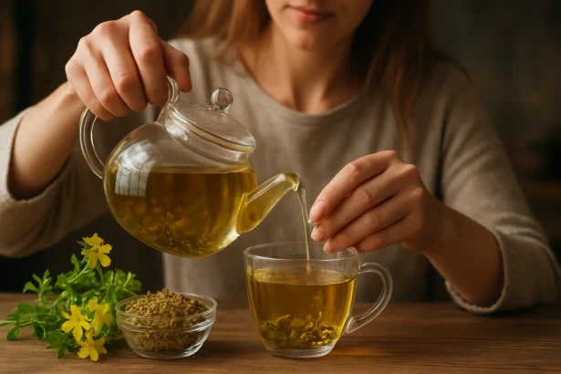 Žena pripravuje čaj z lastovičníka na drevenom stole.