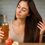 Žena ukazuje na ocot, ktorý zlepší zdravie a lesk vlasov.