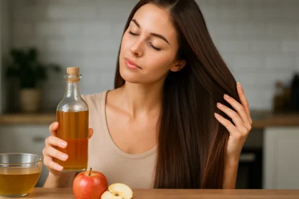 Žena ukazuje na ocot, ktorý zlepší zdravie a lesk vlasov.