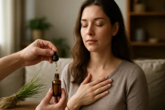 Žena relaxuje pri použití vetiverového esenciálneho oleja.