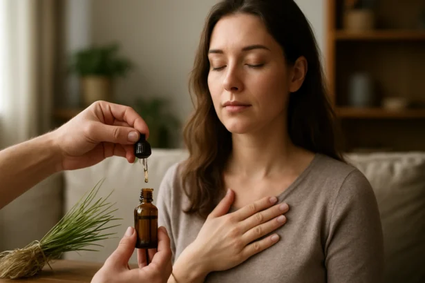 Žena relaxuje pri použití vetiverového esenciálneho oleja.