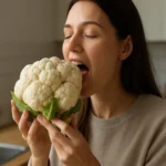 Žena s čerstvým surovým karfiolom v kuchyni.