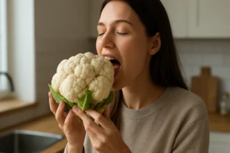 Žena s čerstvým surovým karfiolom v kuchyni.