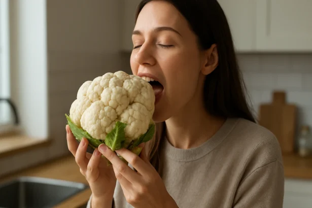 Žena s čerstvým surovým karfiolom v kuchyni.