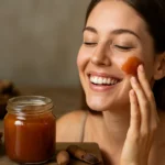 Žena sa smeje a nanáša tamarindový džem na tvár pre zdravú pleť.