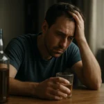 Zamyslený muž s alkoholom, ktorý sa zaoberá svojimi životnými problémami.