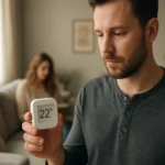 Muž s inteligentným termostatom nastavuje teplotu v izbe