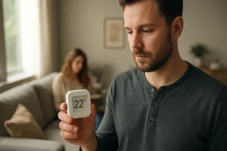 Muž s inteligentným termostatom nastavuje teplotu v izbe