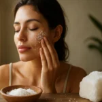 Žena nanášajúca morskú soľ na svoju čelist pre zdravú pleť.