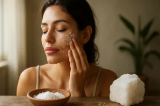 Žena nanášajúca morskú soľ na svoju čelist pre zdravú pleť.