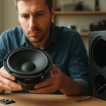 Muž skúma reproduktor a jeho súčiastky na stole.